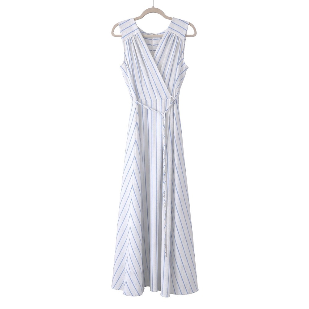 Calvin Klein Maxi Size 12 Blue Striped Sleeveless Faux Wrap Seersucker Dress